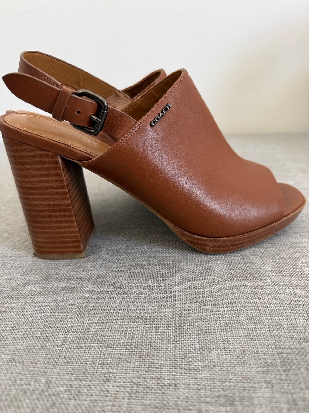 Coach Tan Brady Leather Open-Toe Slingback Block Heels with defect - Picture 7 of 10
